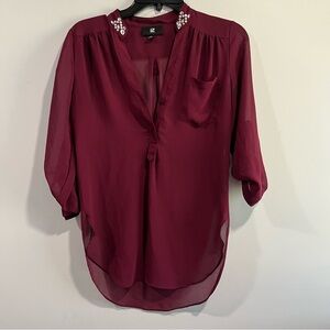 Y2K Iz Byer Burgundy Jeweled Collar Sheer Blouse xl